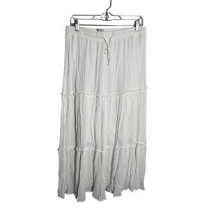Passport Womens XL White Tiered Boho Maxi Skirt Crinkle Gauze Cotton Lined Rayon